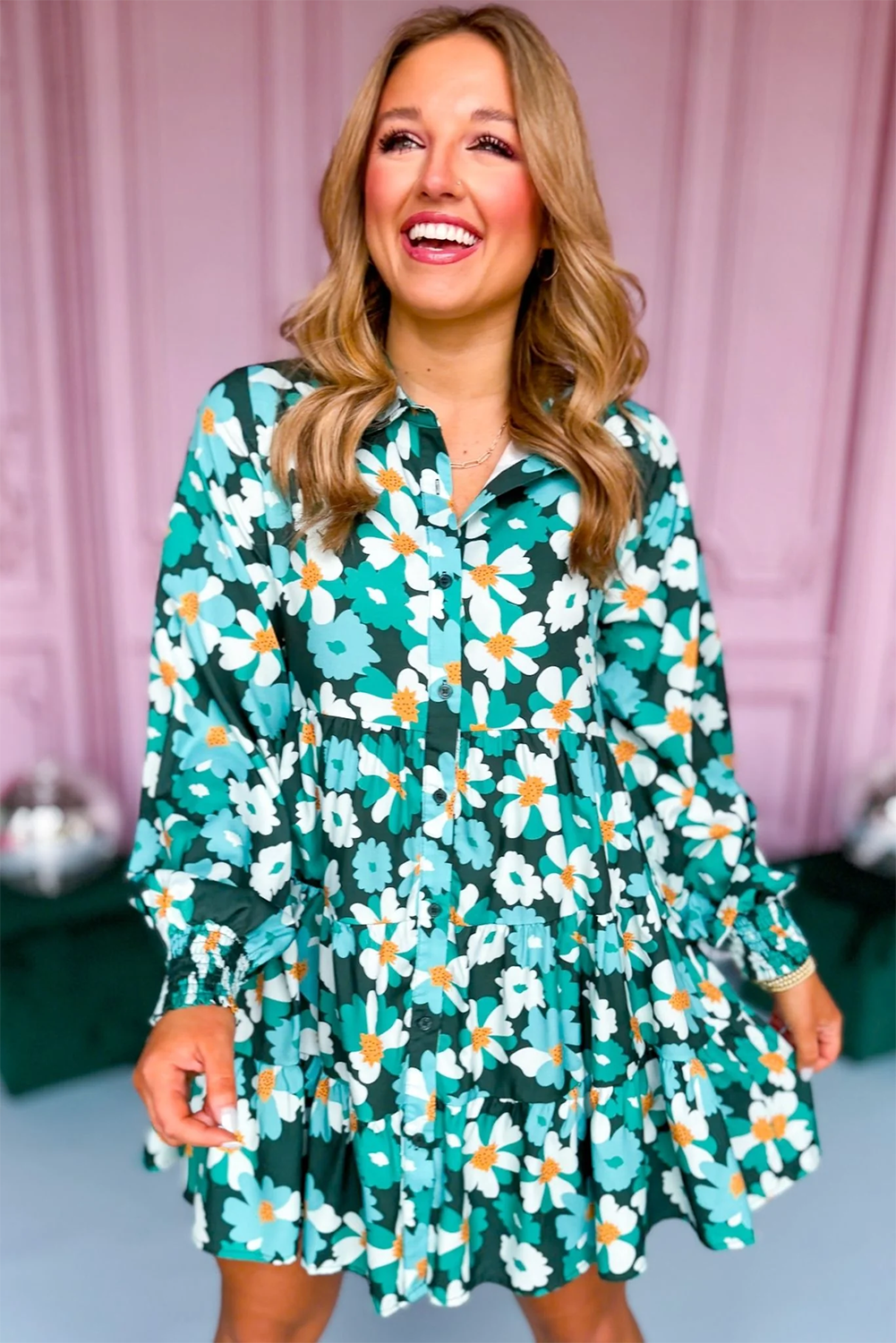 Green Floral Tiered Long Puff Sleeve Shirt Dress