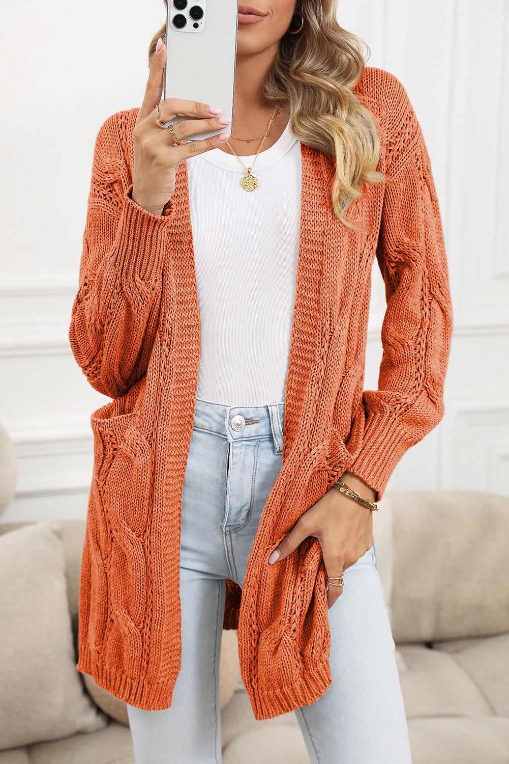 Apricot Ribbed Trim Hollow Knit Side Slits Cardigan