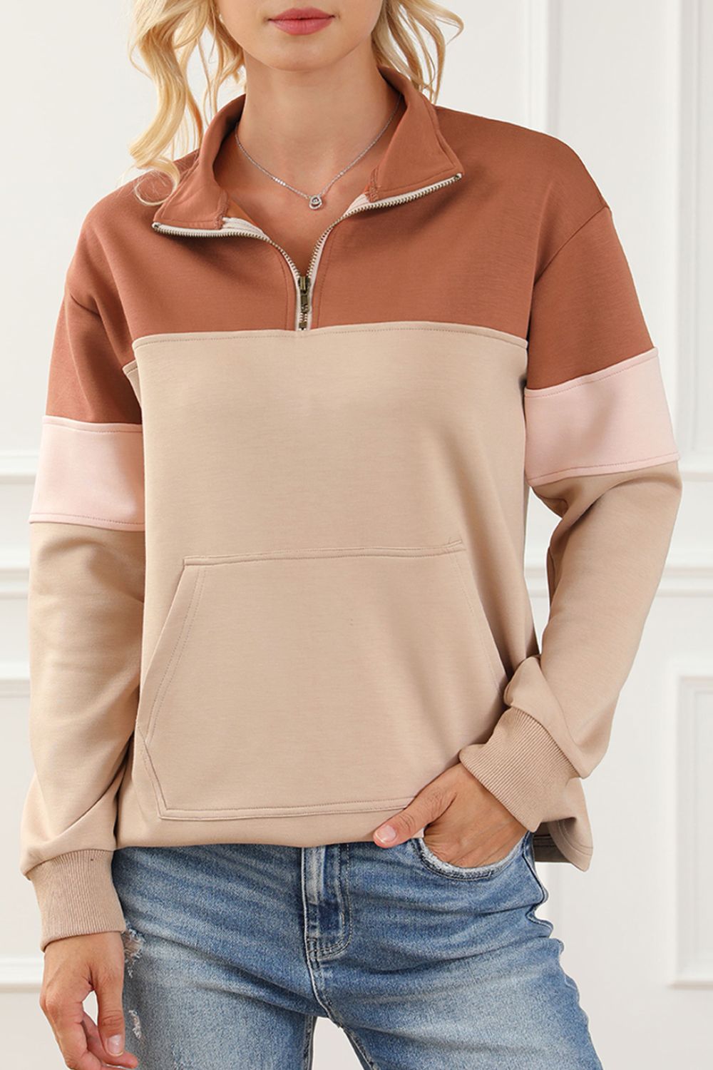 Color Block Quarter Zip Long Sleeve Sweatshirt