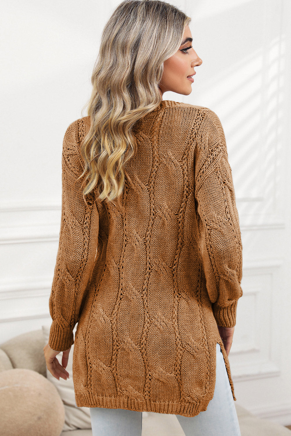 Apricot Ribbed Trim Hollow Knit Side Slits Cardigan