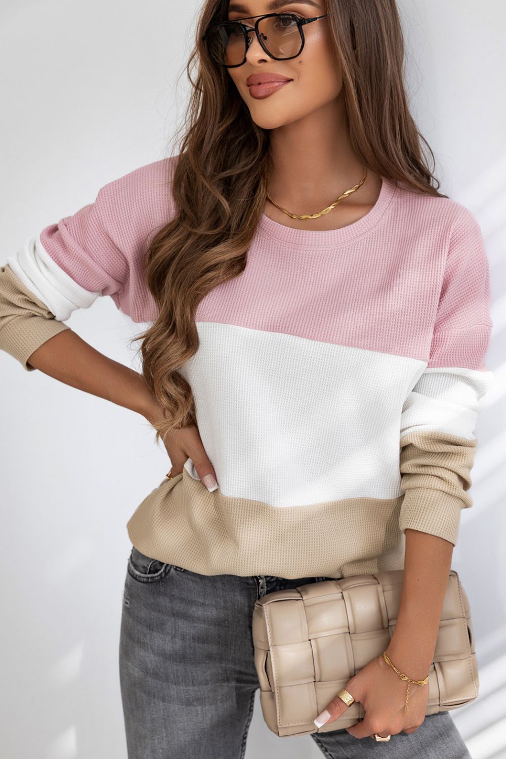 Color Block Waffle Knit Long Sleeve Top