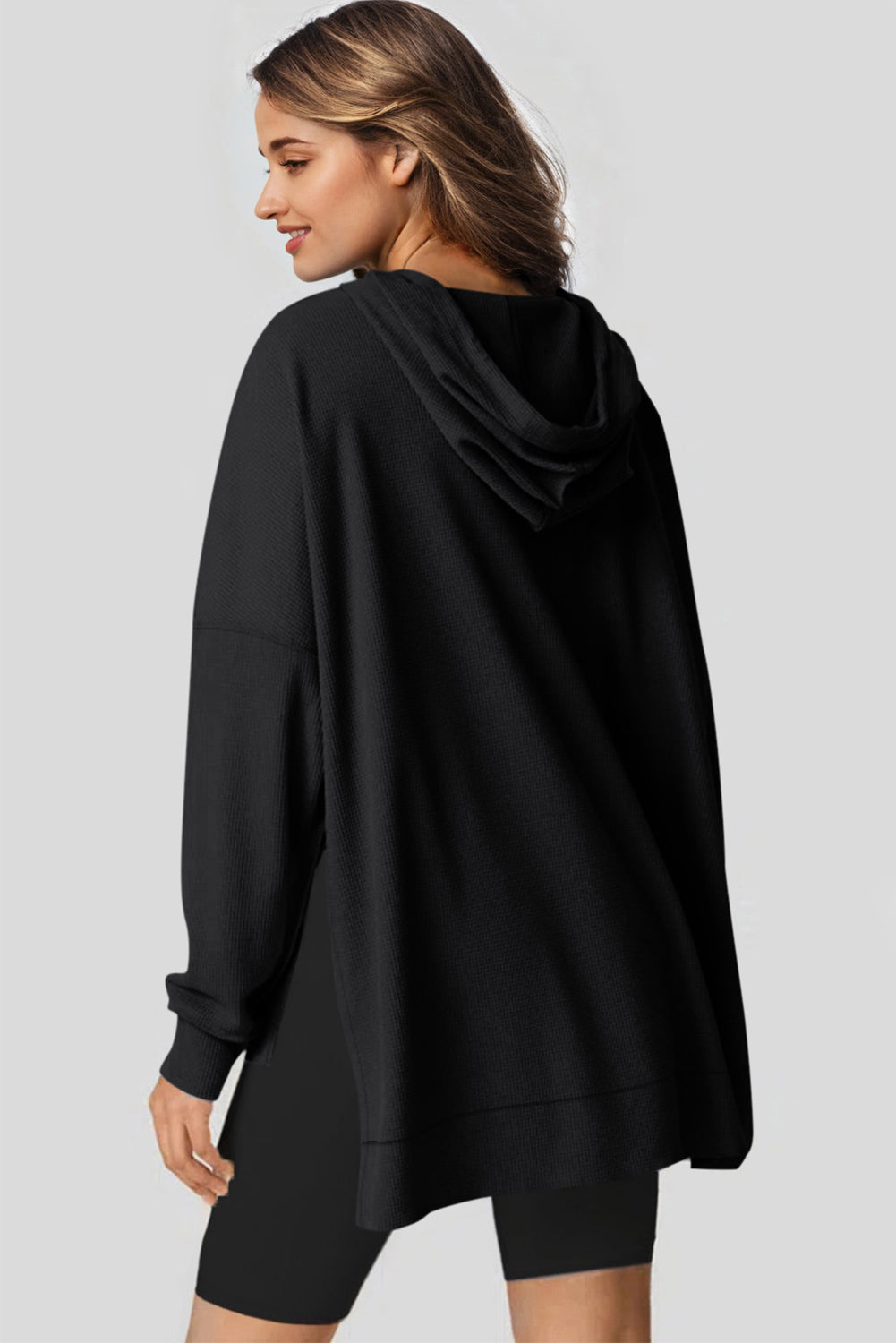 Black Waffle Knit High Low Oversized Hoodie