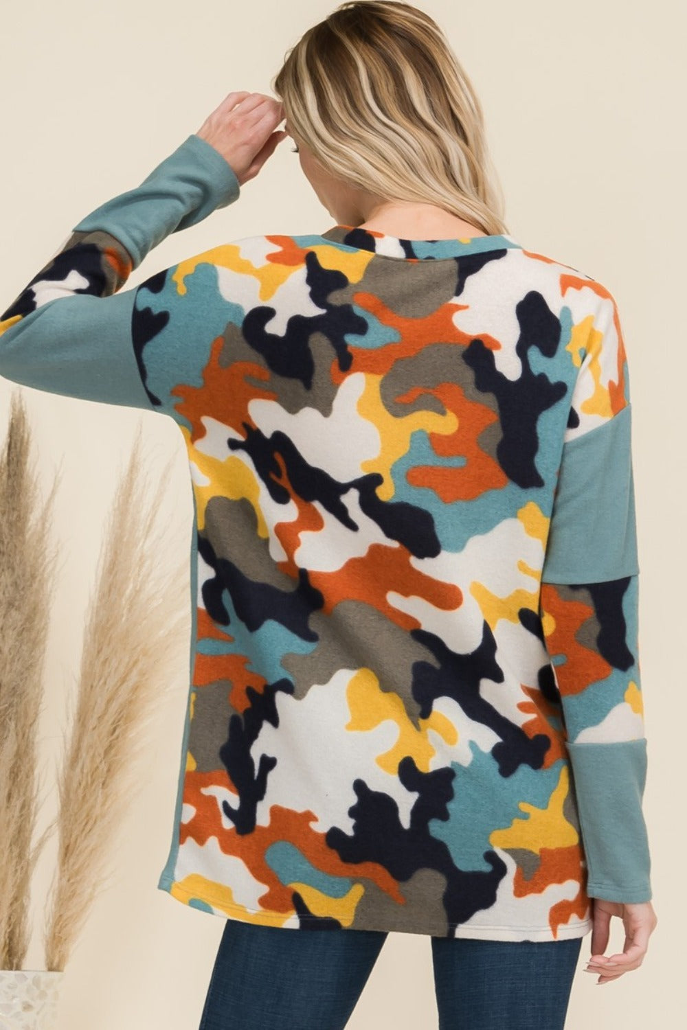 Camo Print Contrast Long Sleeve T-Shirt