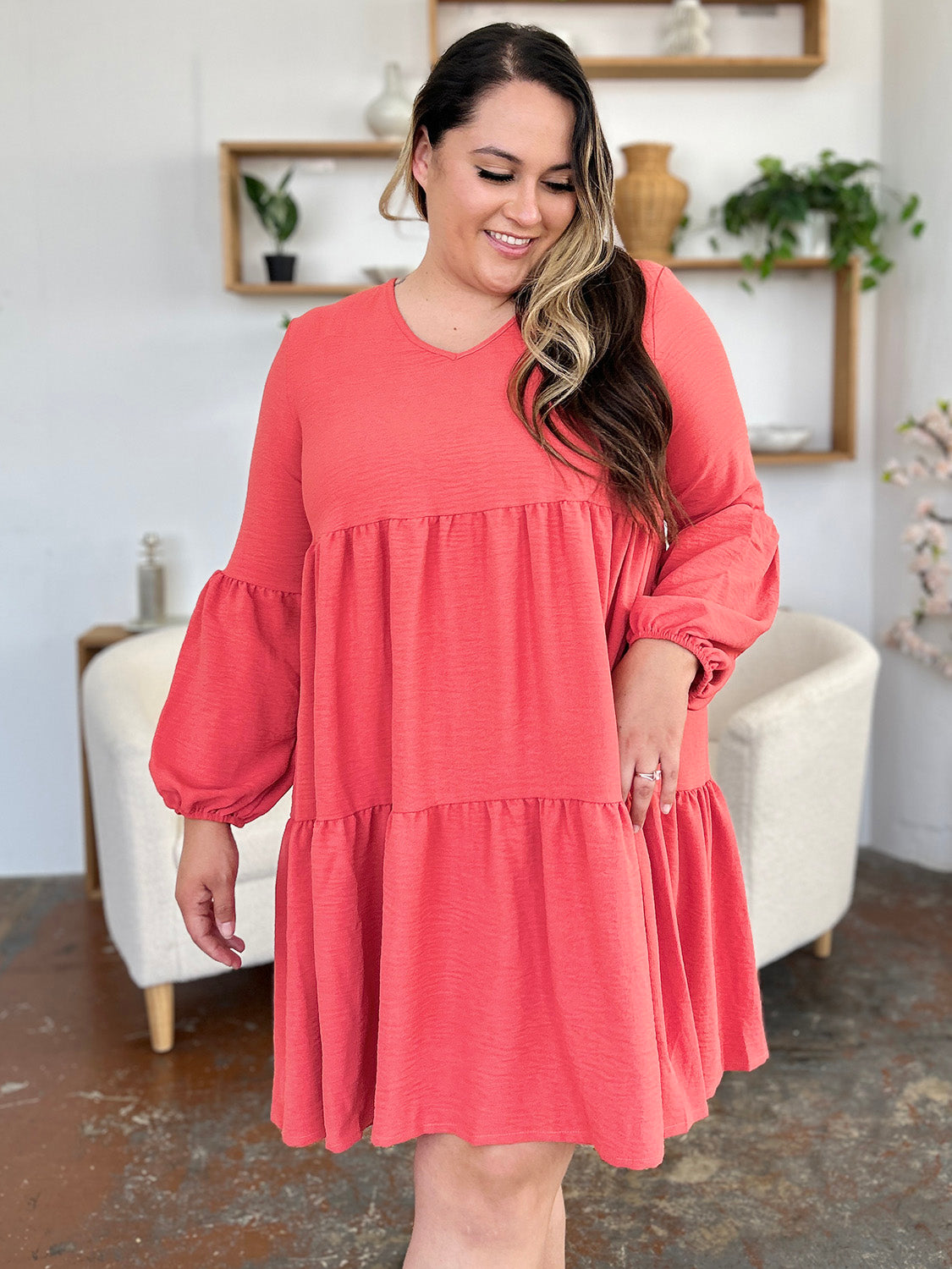 V-Neck Balloon Sleeve Tiered Dress