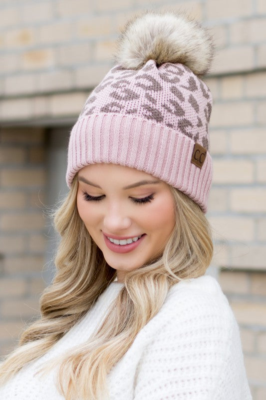 Leopard Fur Pom Beanie