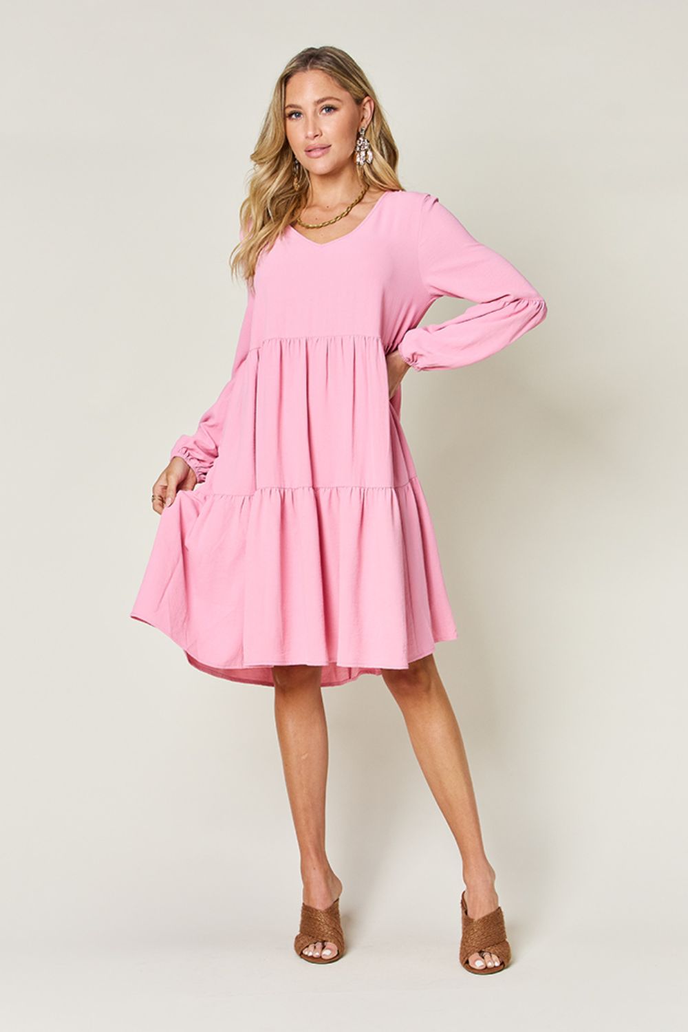 V-Neck Balloon Sleeve Tiered Dress