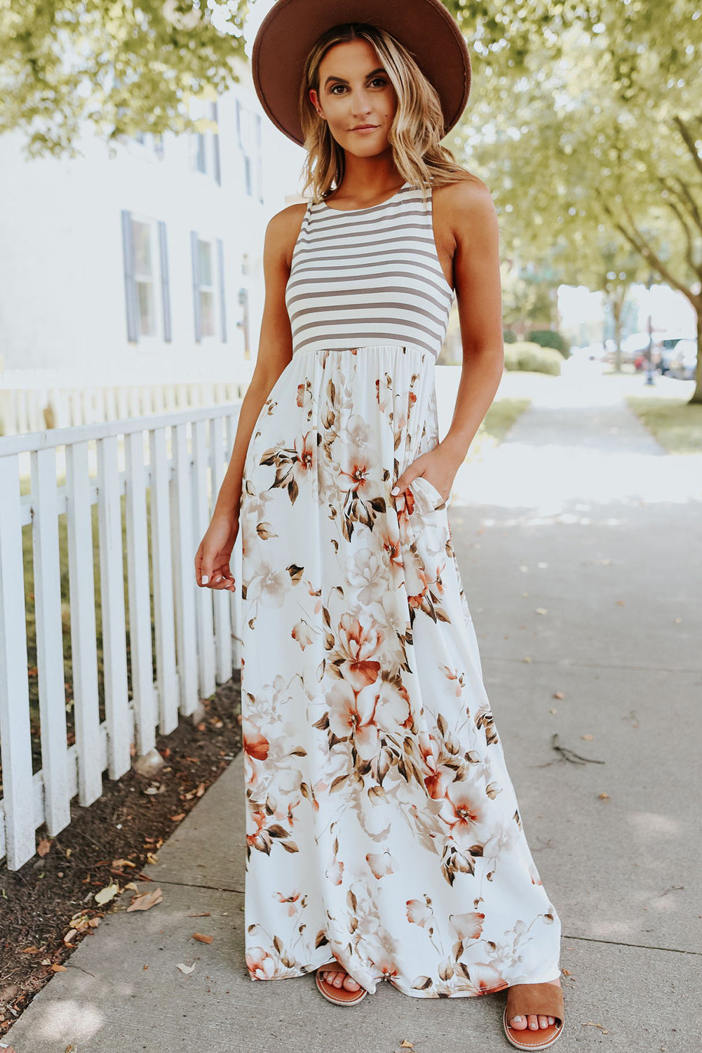 White Boho Stripes & Floral Print Floor Length Tank Dress