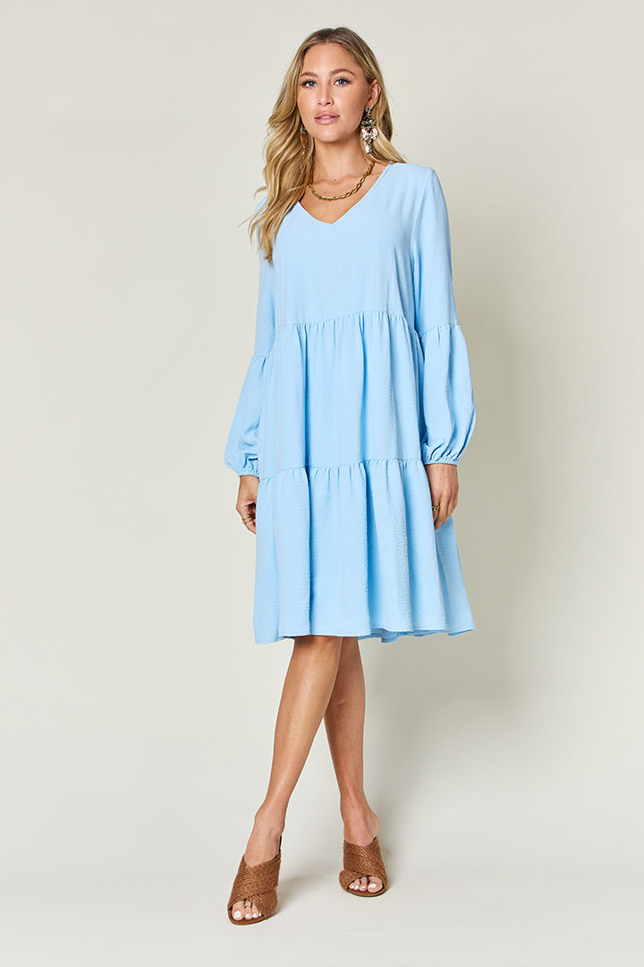 V-Neck Balloon Sleeve Tiered Dress