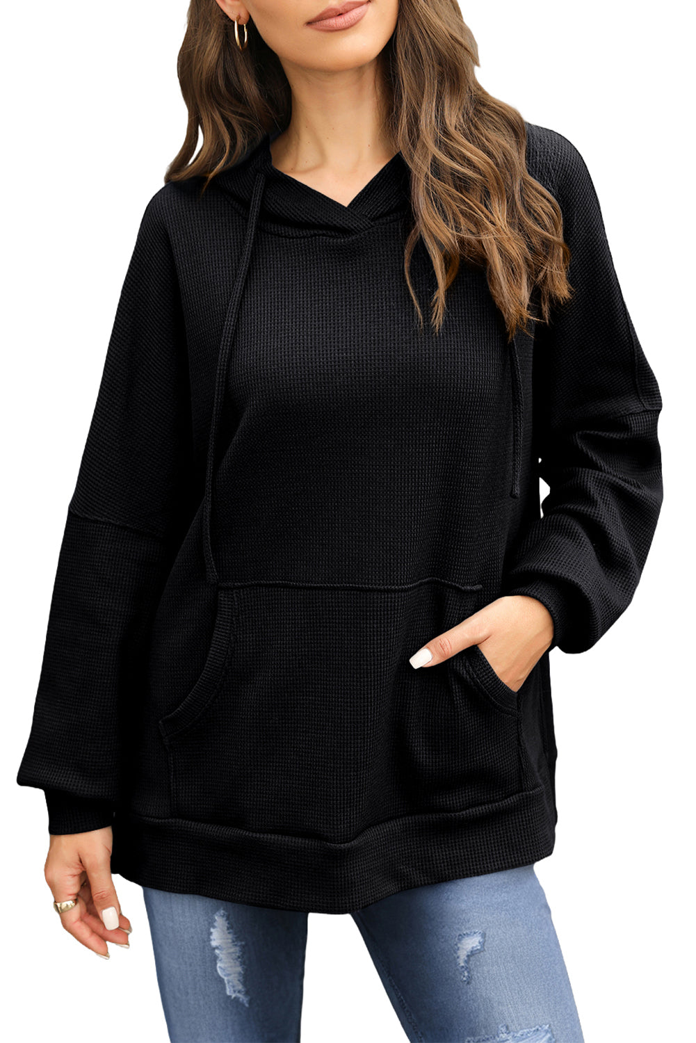 Black Waffle Knit High Low Oversized Hoodie