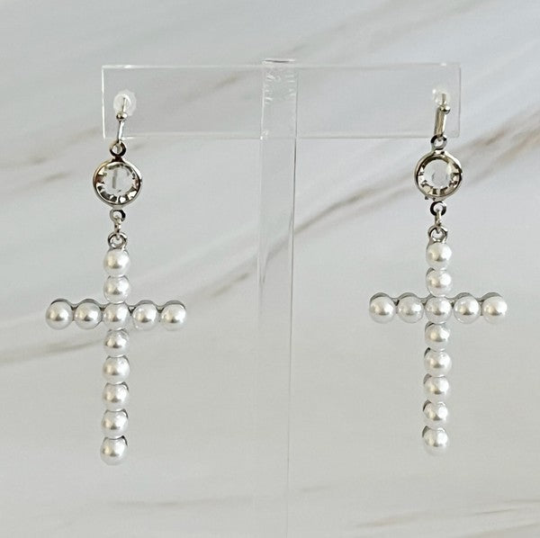 Pearl Cross Dangle Earrings