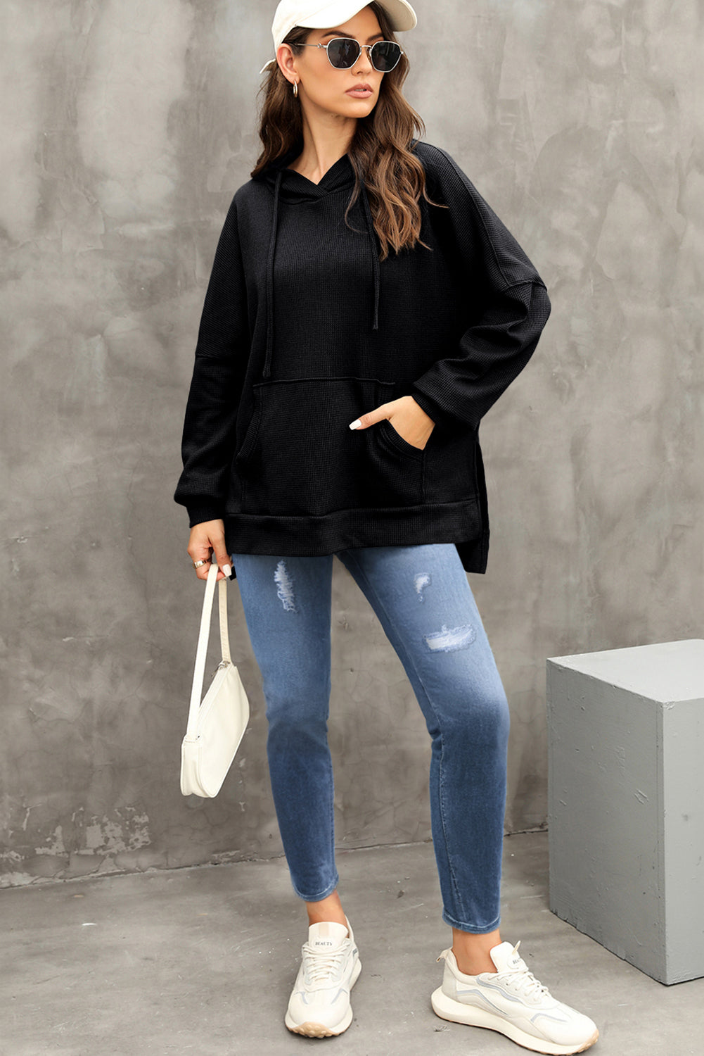 Black Waffle Knit High Low Oversized Hoodie