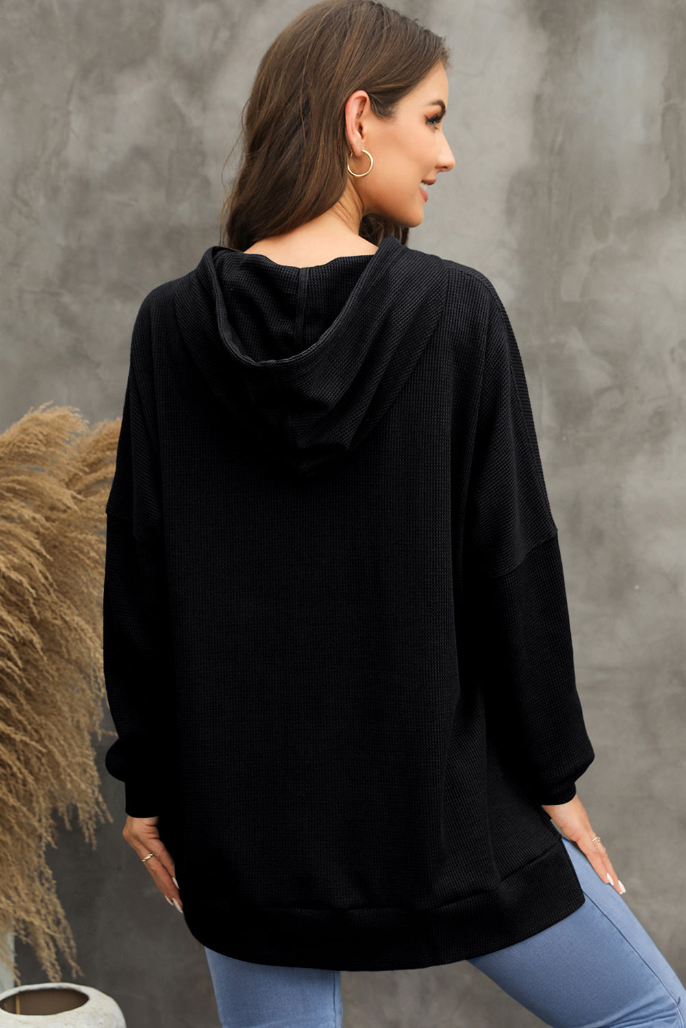 Black Waffle Knit High Low Oversized Hoodie