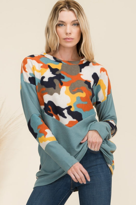 Camo Print Contrast Long Sleeve T-Shirt