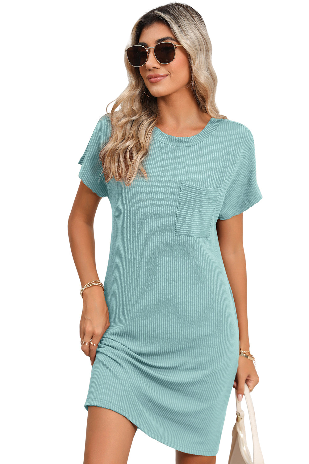 Blue Ribbed Chest Pocket Casual T Shirt Dress