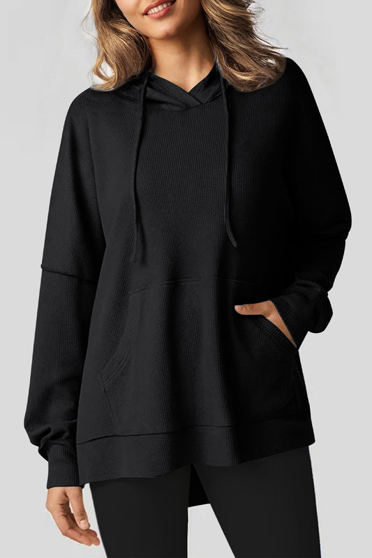 Black Waffle Knit High Low Oversized Hoodie