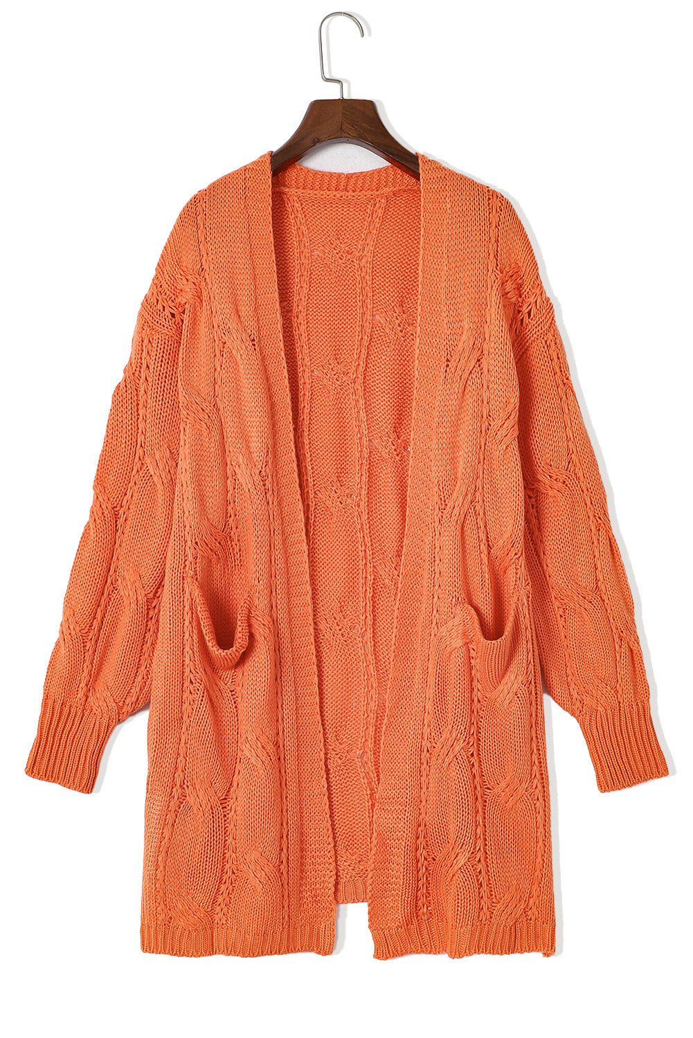 Apricot Ribbed Trim Hollow Knit Side Slits Cardigan