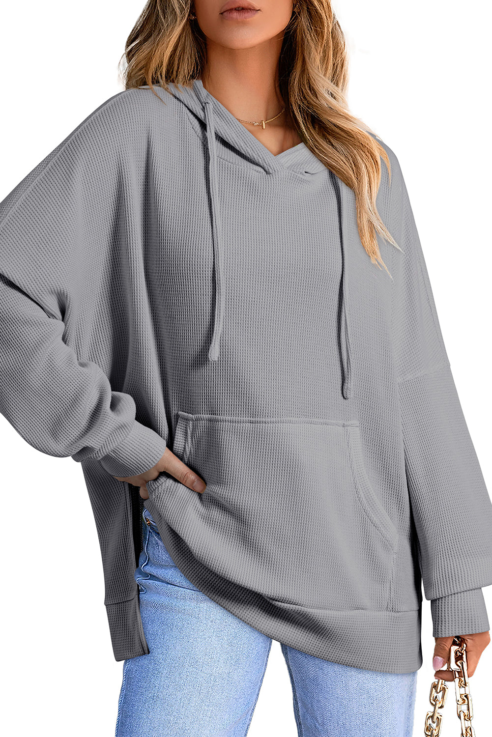 Black Waffle Knit High Low Oversized Hoodie