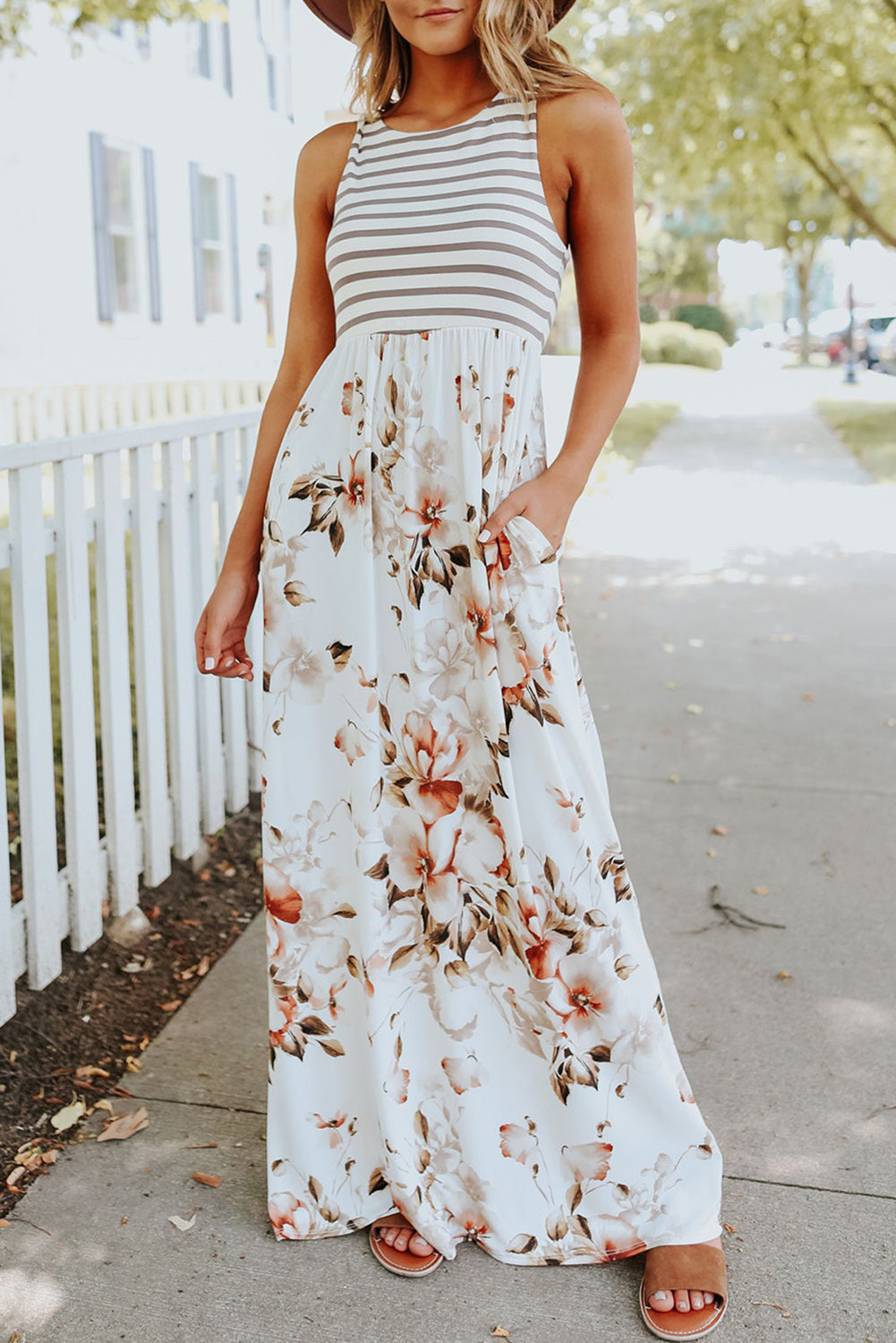 White Boho Stripes & Floral Print Floor Length Tank Dress