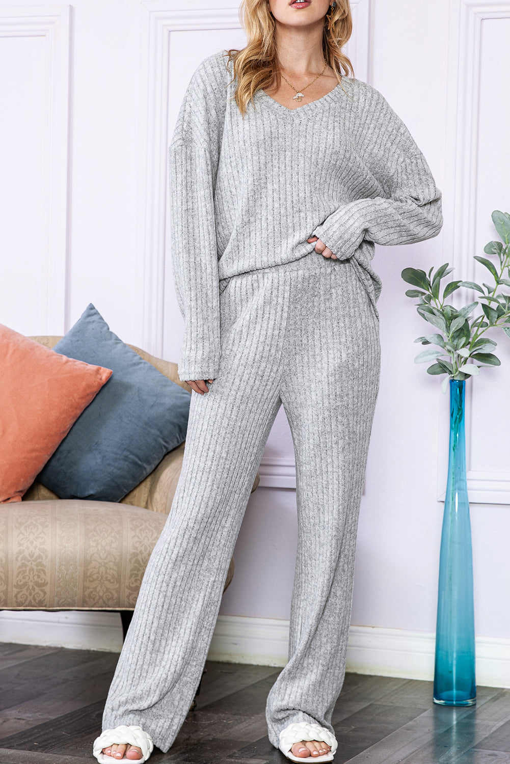 Light Grey Slouchy Ribbed Knit V Neck Top & Pants Loungewear Set