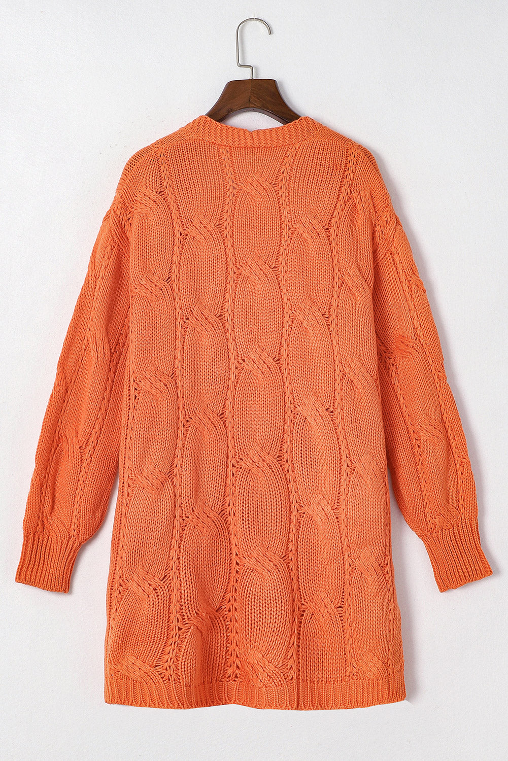 Apricot Ribbed Trim Hollow Knit Side Slits Cardigan