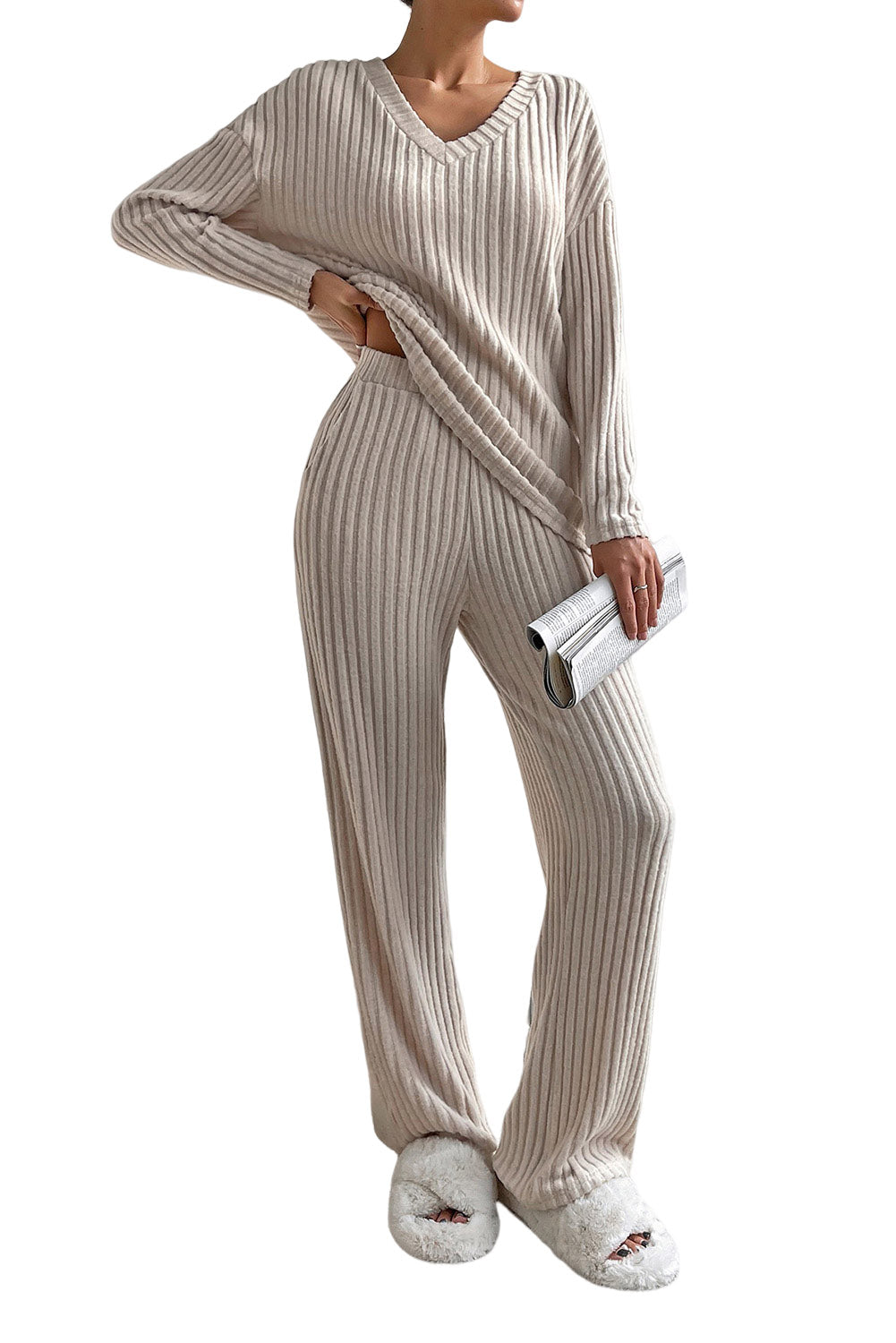 Light Grey Slouchy Ribbed Knit V Neck Top & Pants Loungewear Set