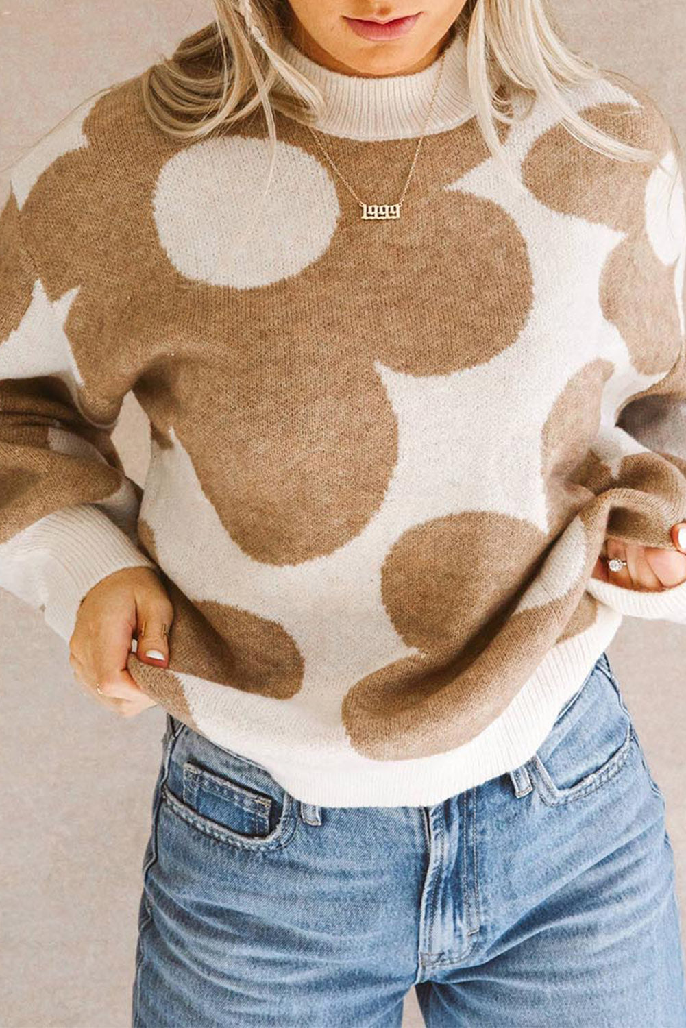 Khaki 60s Floral Pattern Ribbed Trim Pullover Sweater