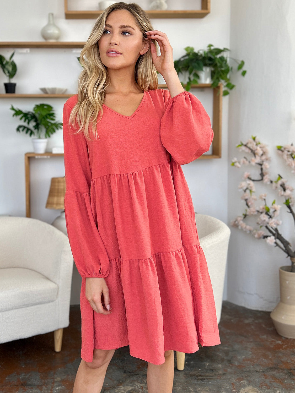 V-Neck Balloon Sleeve Tiered Dress