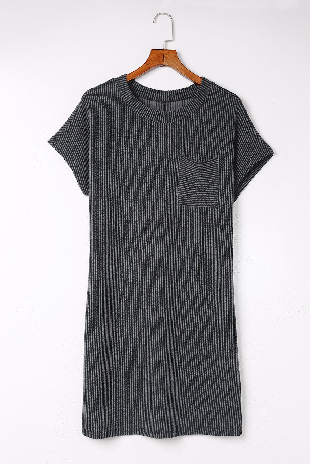 Blue Ribbed Chest Pocket Casual T Shirt Dress