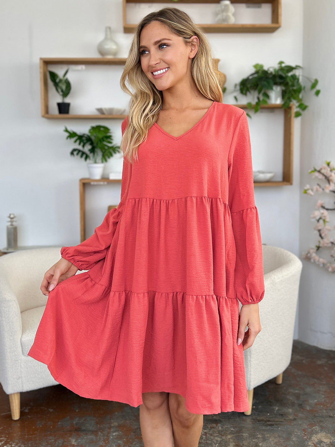 V-Neck Balloon Sleeve Tiered Dress