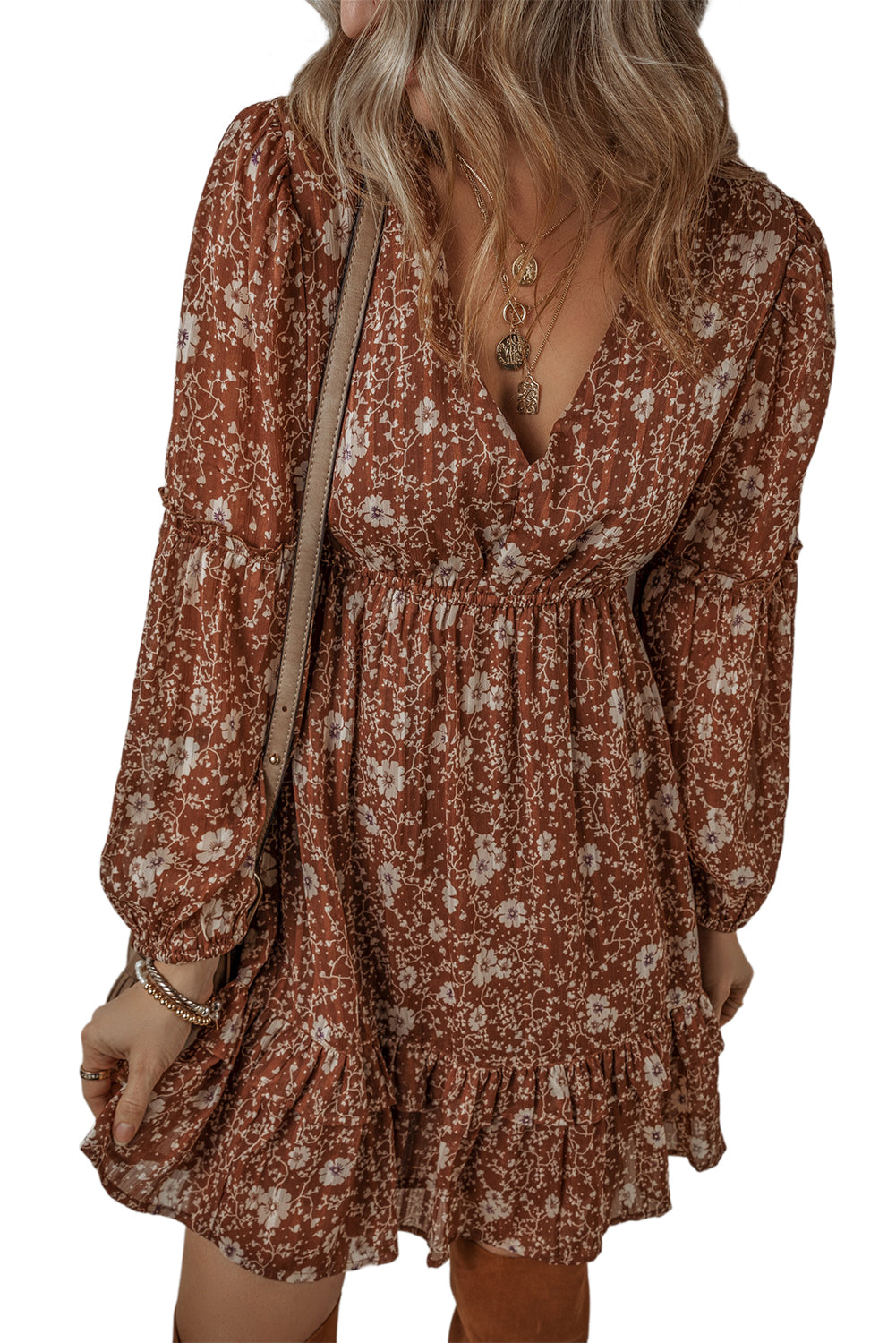 Brown Boho Floral Ruffle Puff Sleeve V Neck Mini Dress