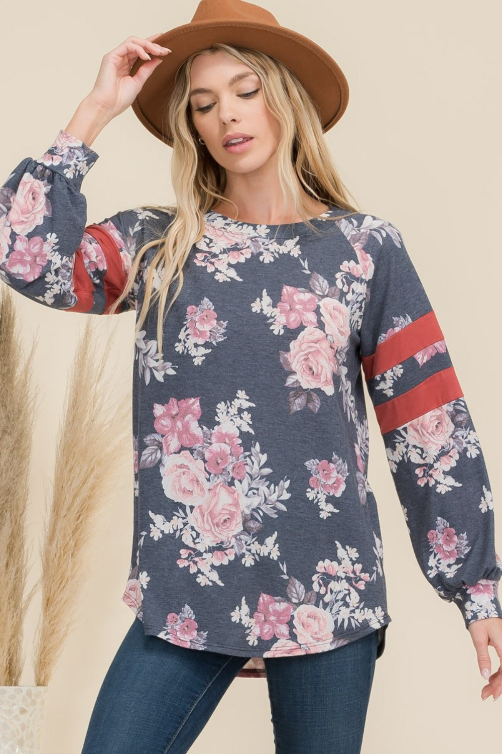 Floral Curved Hem T-Shirt with Stripe Detail