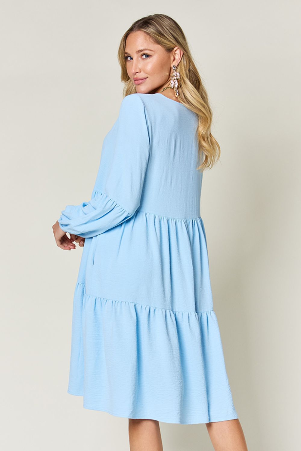 V-Neck Balloon Sleeve Tiered Dress