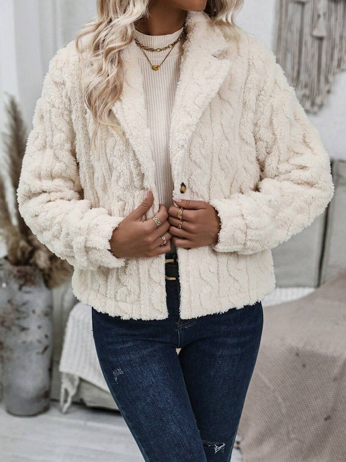 Fuzzy Button Up Collared Neck Jacket