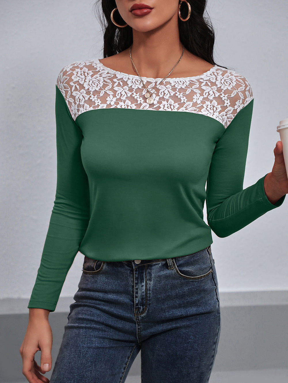 Ivy Lane Lace Trim Long Sleeve Round Neck Tee