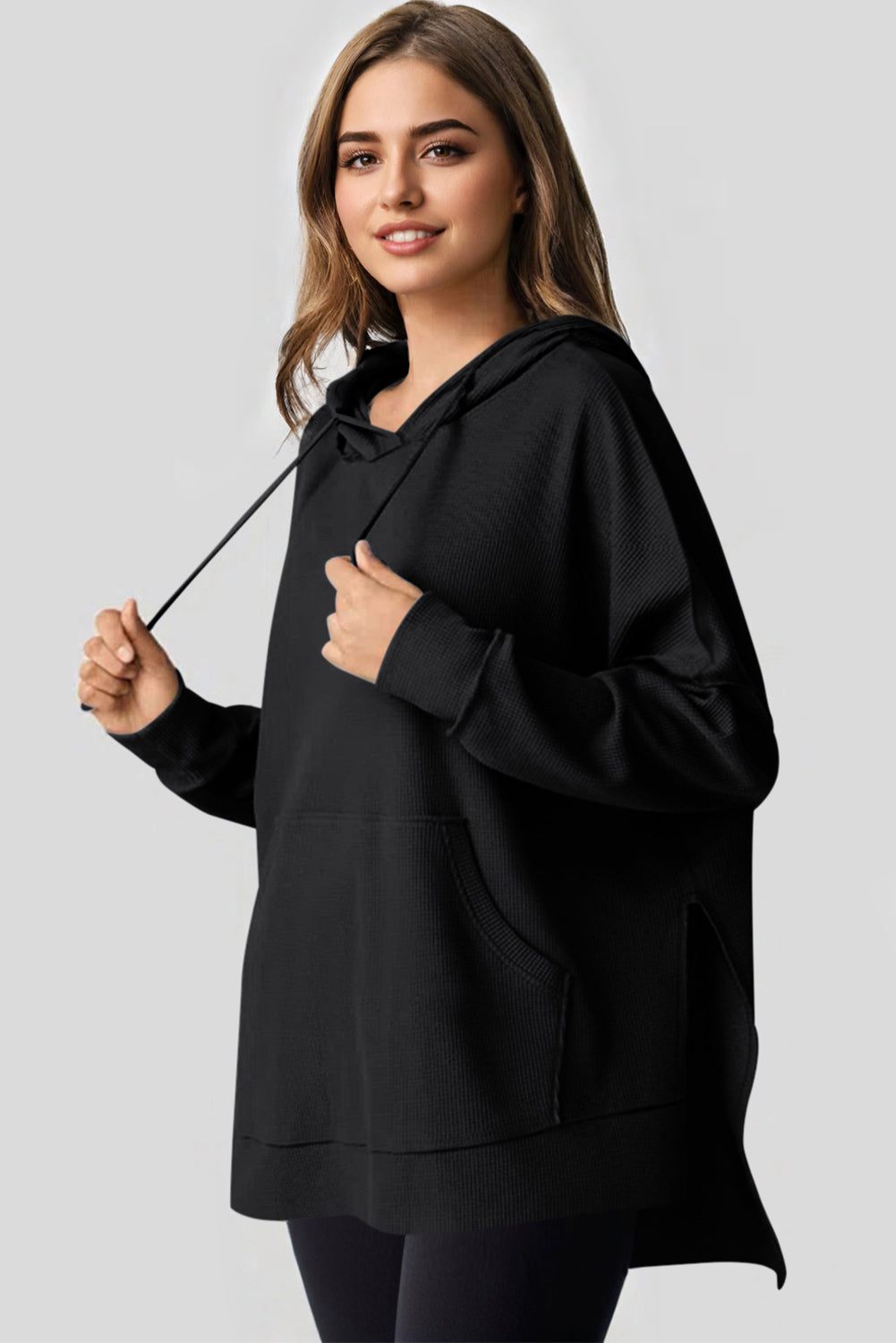 Black Waffle Knit High Low Oversized Hoodie