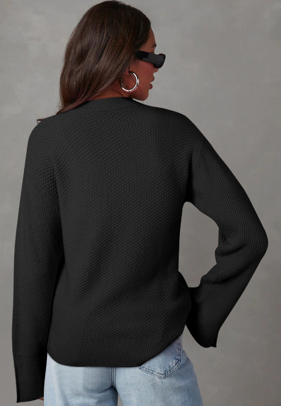 Slit Cuff Round Neck Long Sleeve Sweater