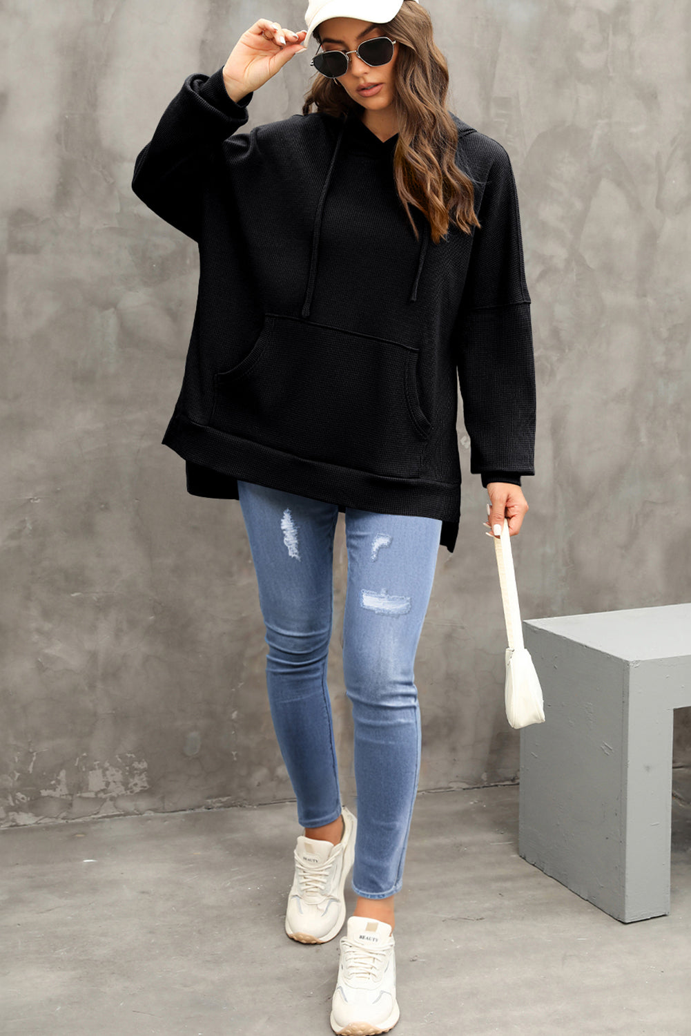 Black Waffle Knit High Low Oversized Hoodie