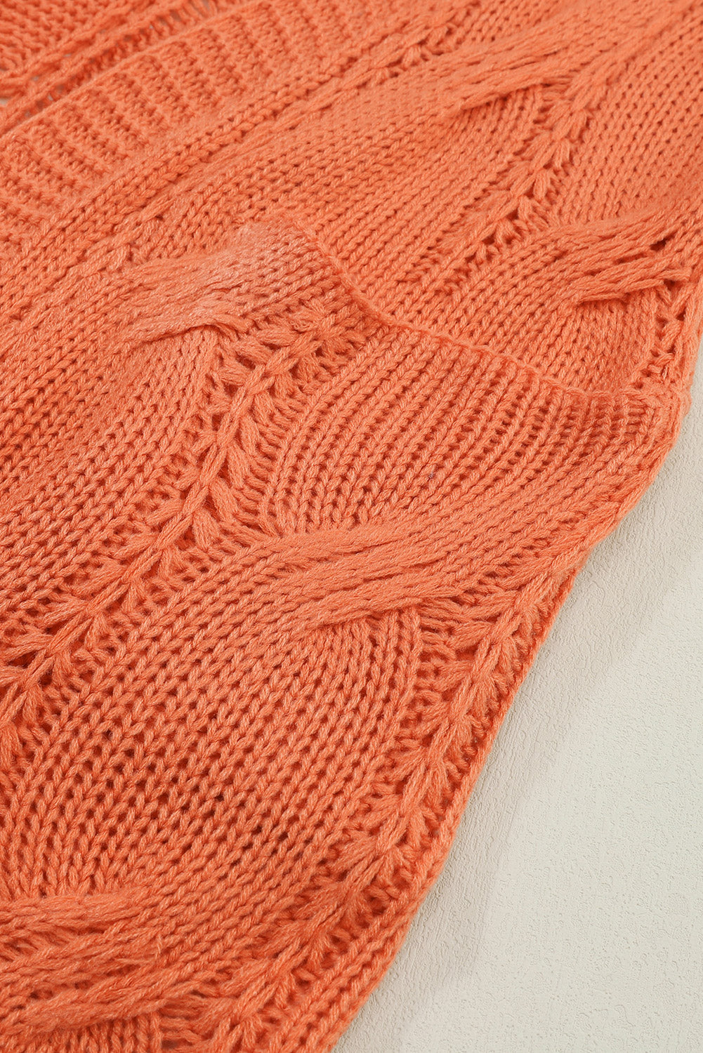 Apricot Ribbed Trim Hollow Knit Side Slits Cardigan