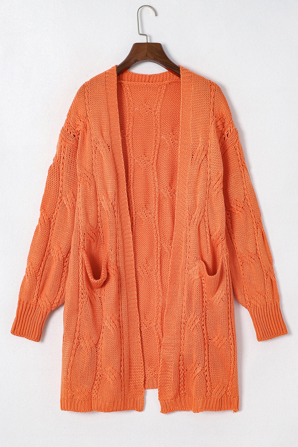 Apricot Ribbed Trim Hollow Knit Side Slits Cardigan