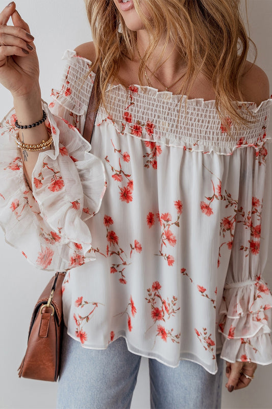 Smocked Floral Off-Shoulder Flounce Sleeve Blouse