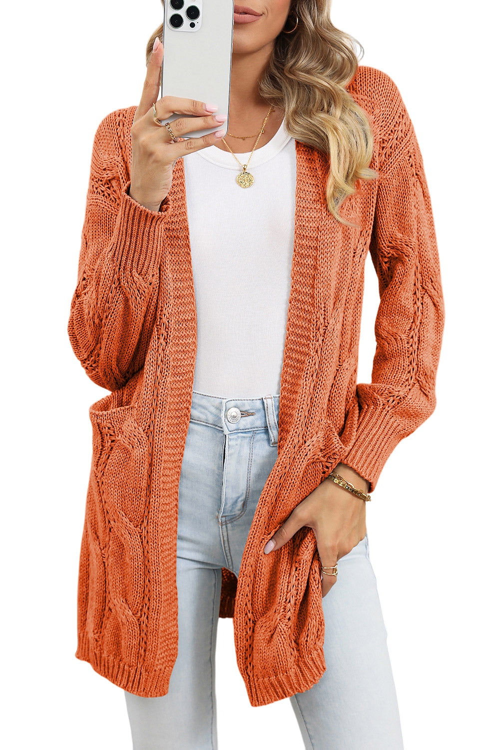 Apricot Ribbed Trim Hollow Knit Side Slits Cardigan