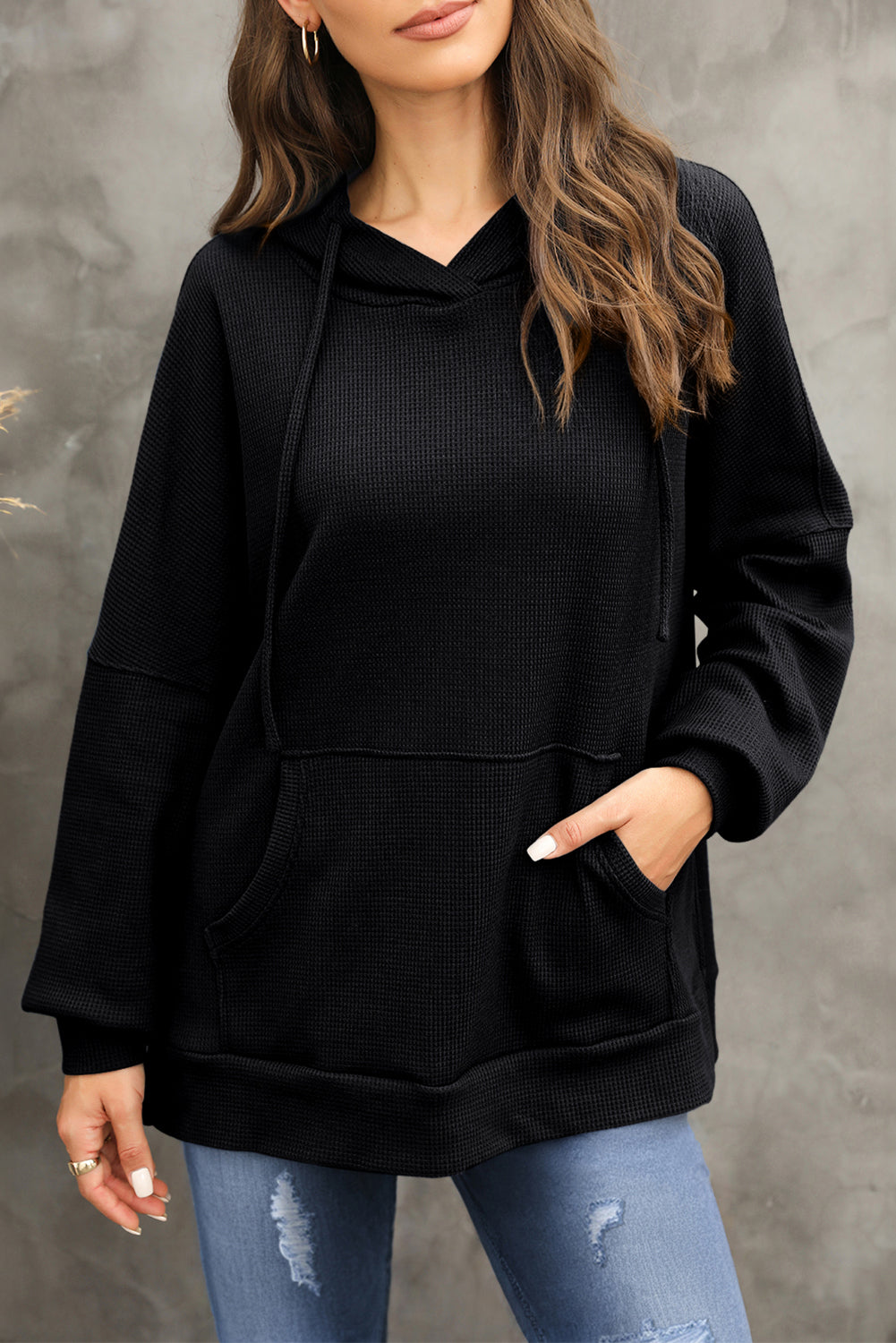 Black Waffle Knit High Low Oversized Hoodie