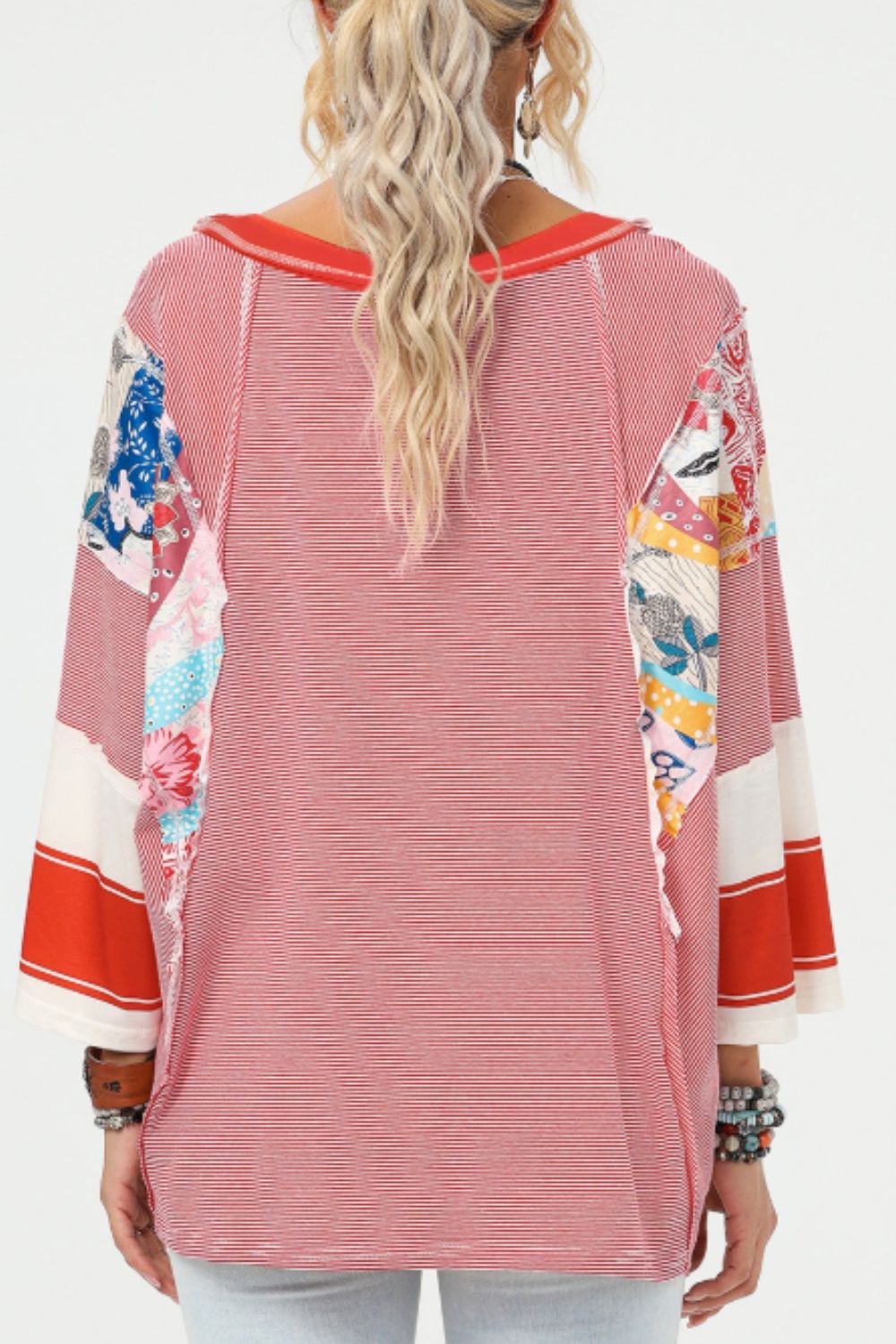 Striped Floral Patchwork Round Neck Top