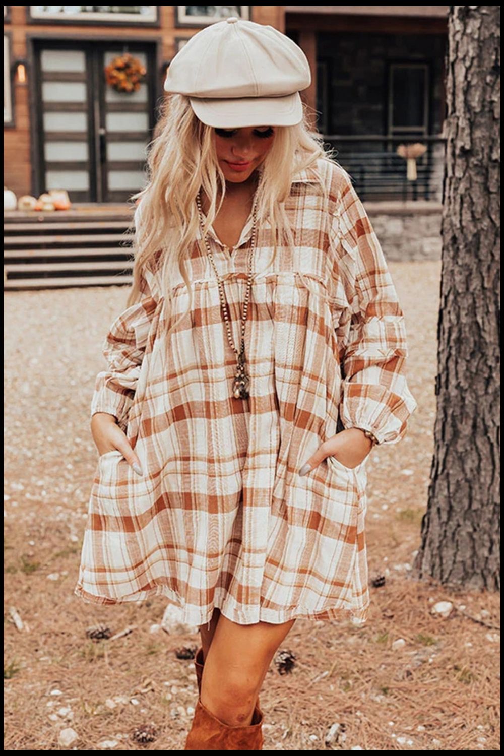 Plaid Collared Neck Long Sleeve Mini Shirt Dress