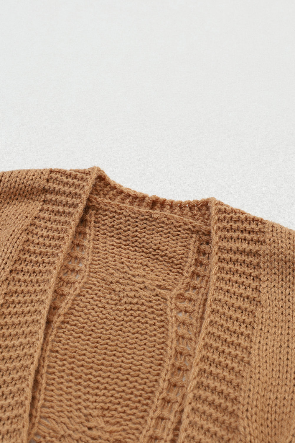 Apricot Ribbed Trim Hollow Knit Side Slits Cardigan