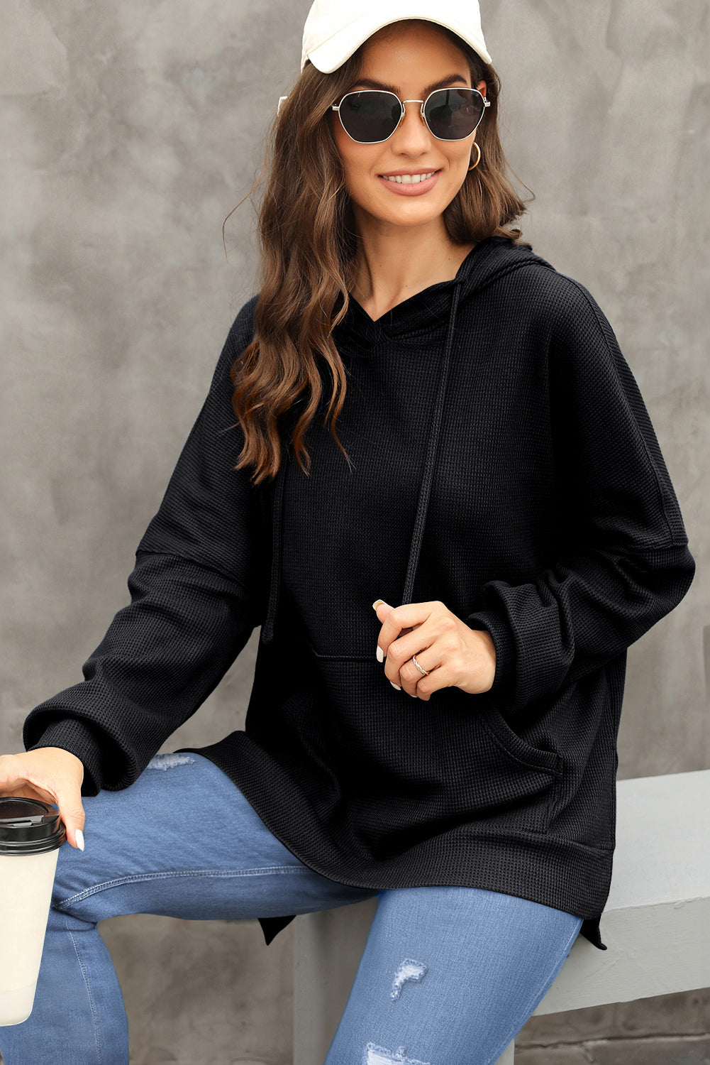 Black Waffle Knit High Low Oversized Hoodie