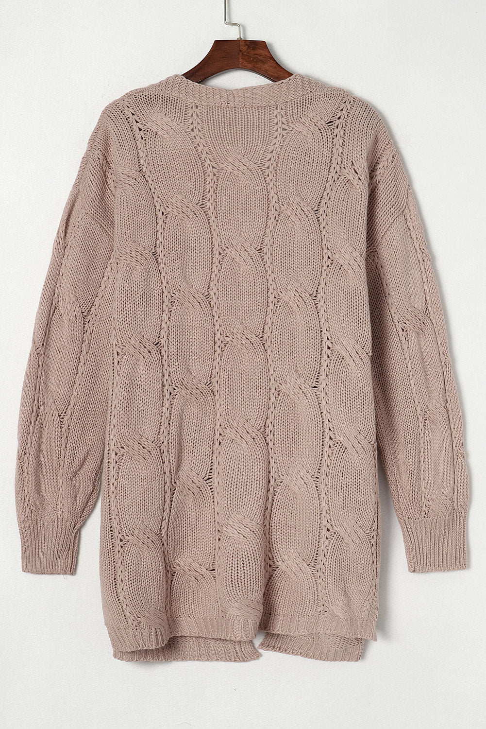 Apricot Ribbed Trim Hollow Knit Side Slits Cardigan