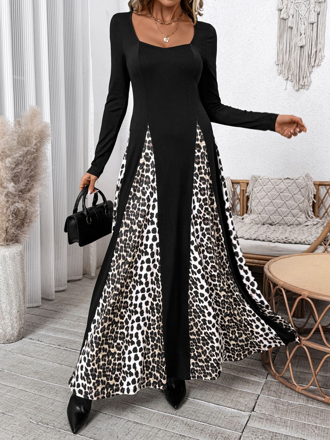 Perfee Leopard Square Neck Long Sleeve Maxi Dress