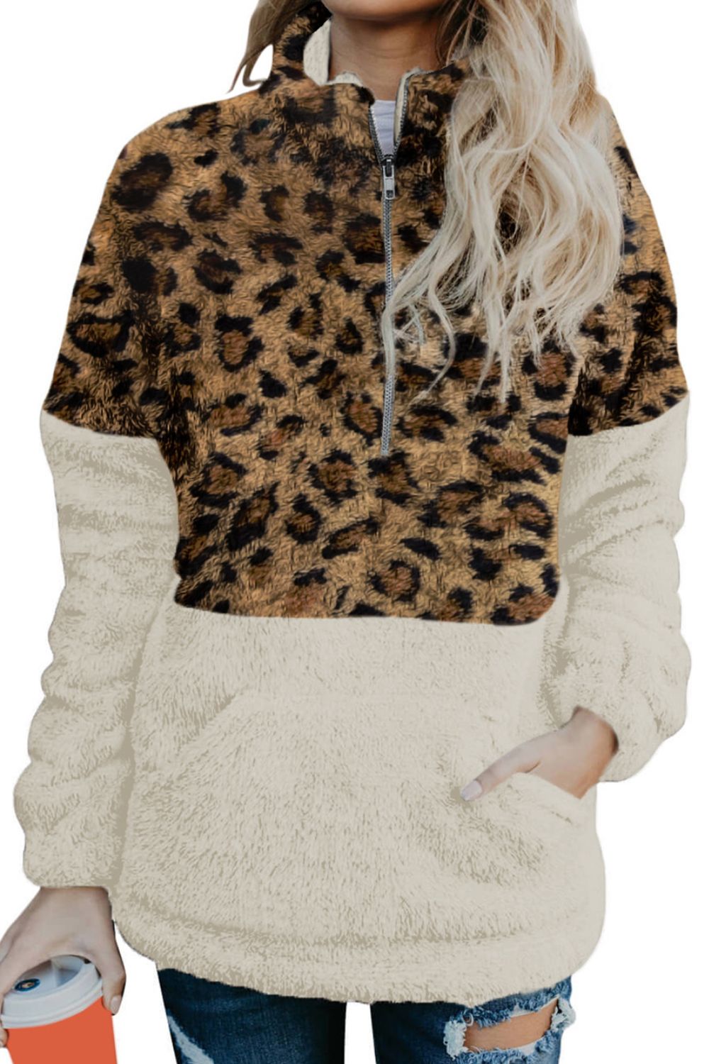 Color Block Half Zip Long Sleeve Fuzzy Sweatshirt