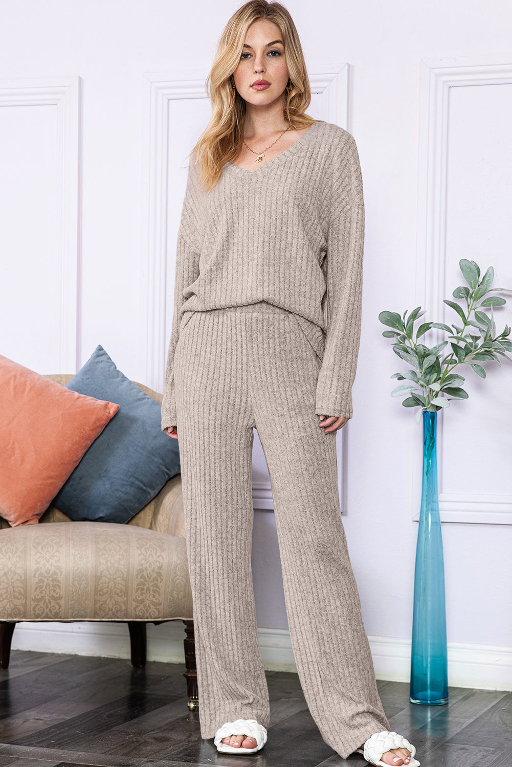 Light Grey Slouchy Ribbed Knit V Neck Top & Pants Loungewear Set